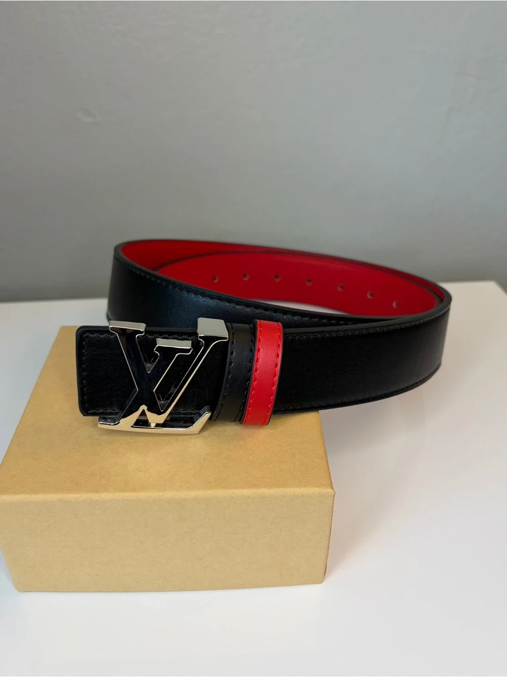Mens Black and Red Original Genuine Leather Belt Fits Waist 34-36